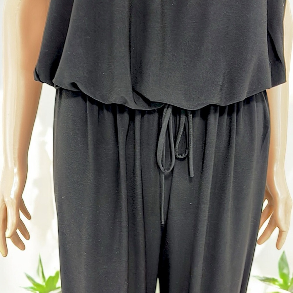 Black with Silver Ring Tie Neck Sleeveless Halter Wide Leg Jumpsuit - Picture 9 of 16